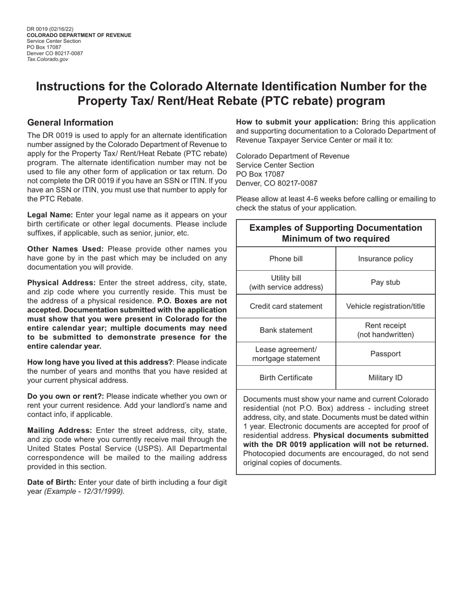 Form DR0019 Application for Alternate Identification Number - Colorado, Page 1