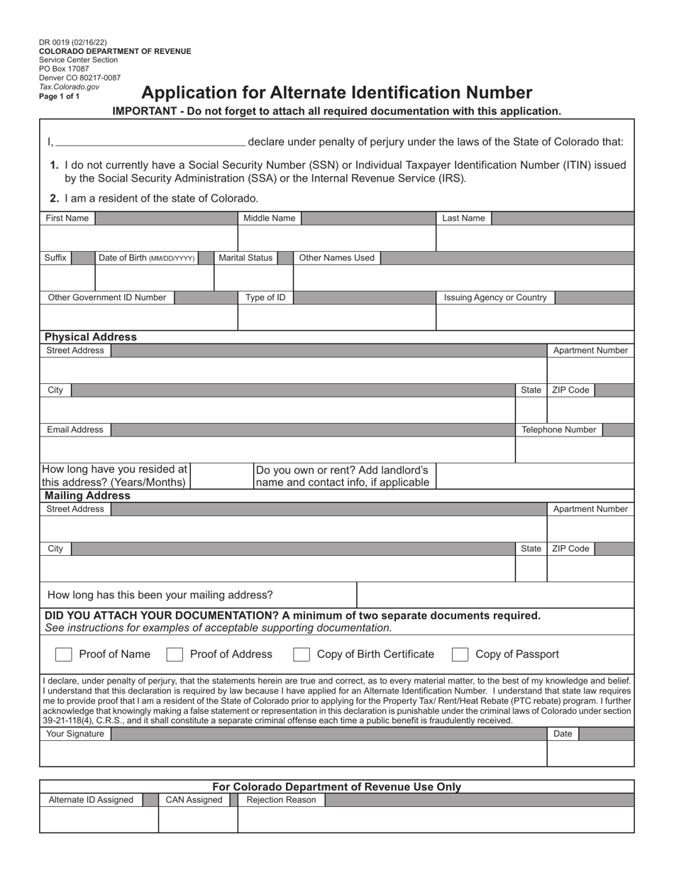 Form DR0019 Fill Out, Sign Online and Download Fillable PDF, Colorado