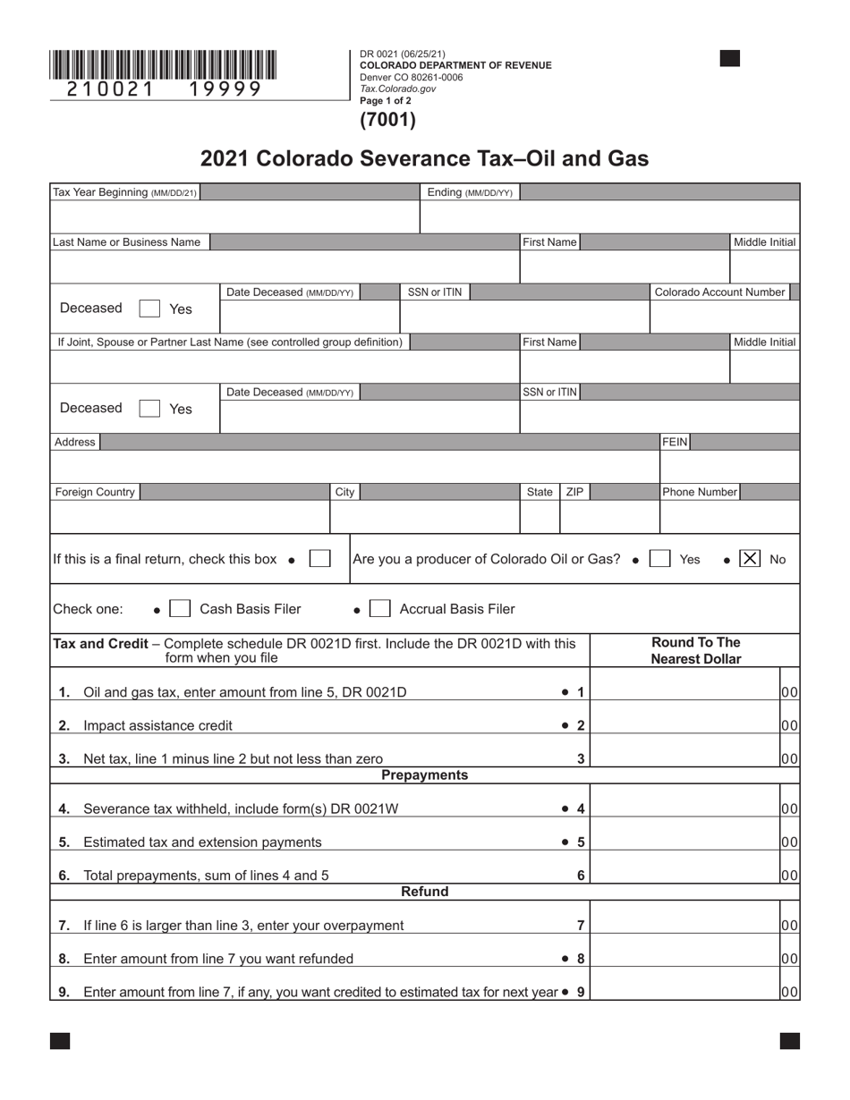Form DR0021 Colorado Severance Tax - Oil and Gas - Colorado, Page 1