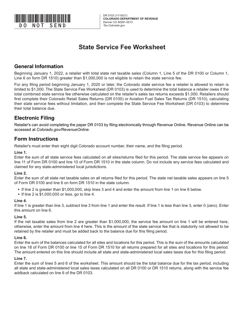 Form DR0103 State Service Fee Worksheet - Colorado, Page 1