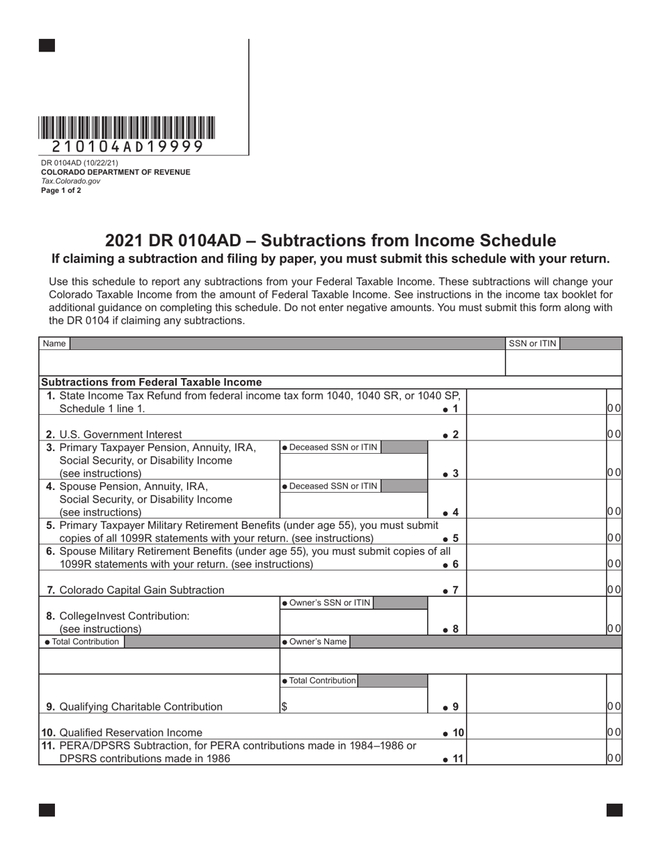 Form DR0104AD Subtractions From Income Schedule - Colorado, Page 1