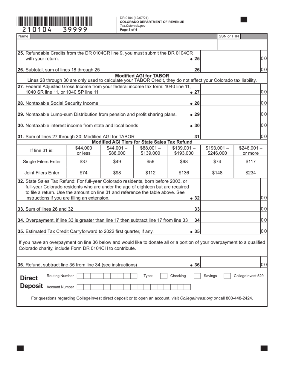 Form DR0104 Download Fillable PDF or Fill Online Colorado Individual ...