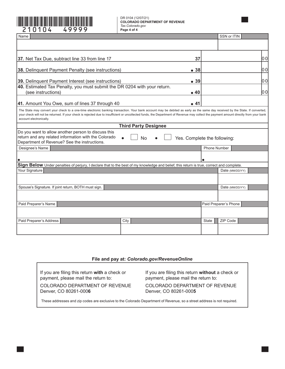 Form DR0104 Download Fillable PDF or Fill Online Colorado Individual ...