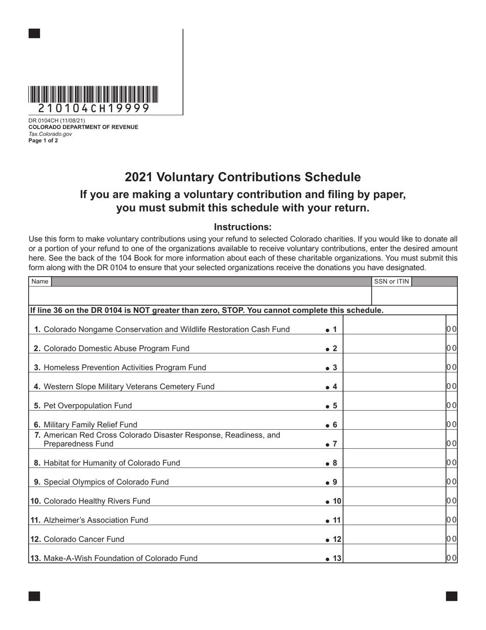 Form DR0104CH Voluntary Contributions Schedule - Colorado, Page 1