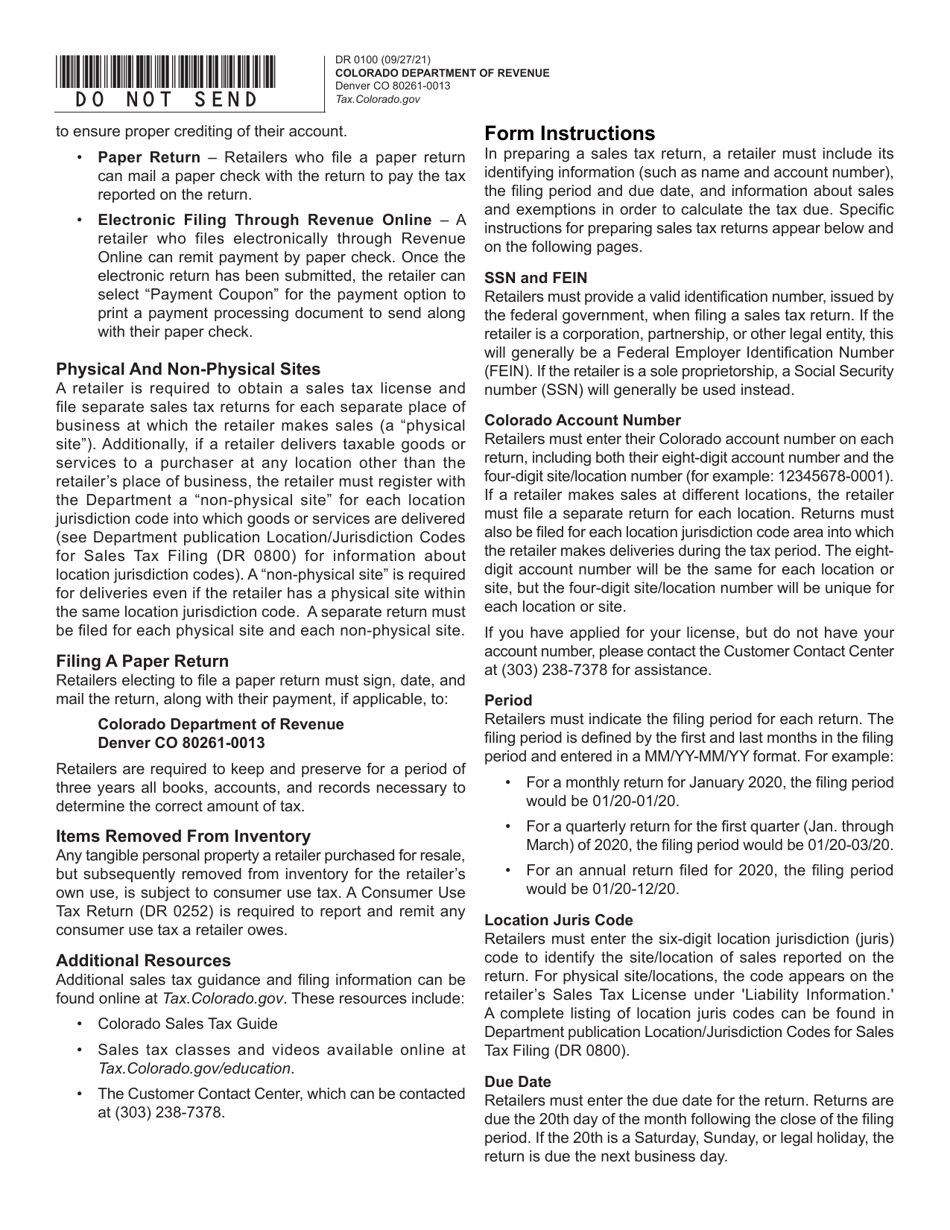 Form DR0100 Colorado Retail Sales Tax Return - Colorado, Page 2