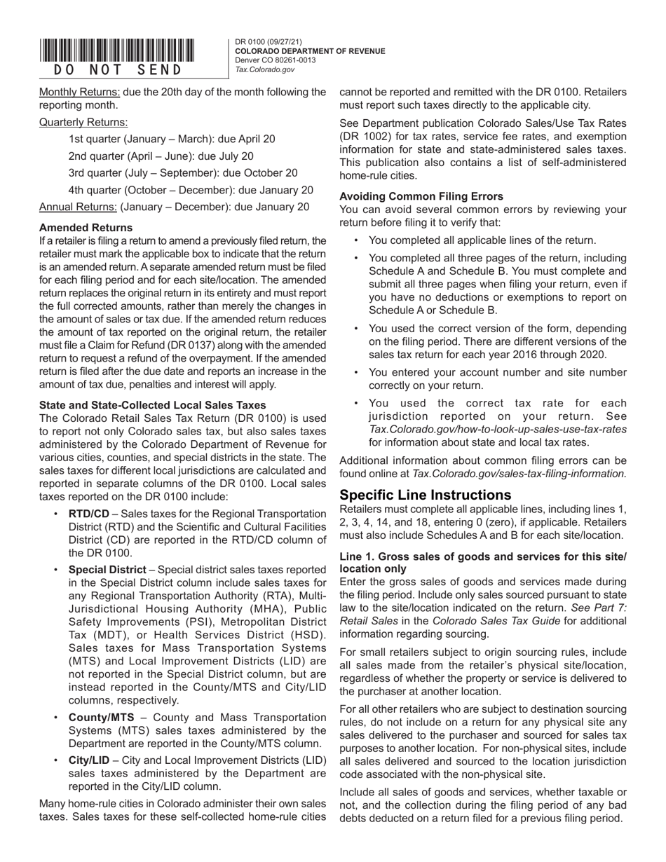 Form DR0100 Colorado Retail Sales Tax Return - Colorado, Page 3