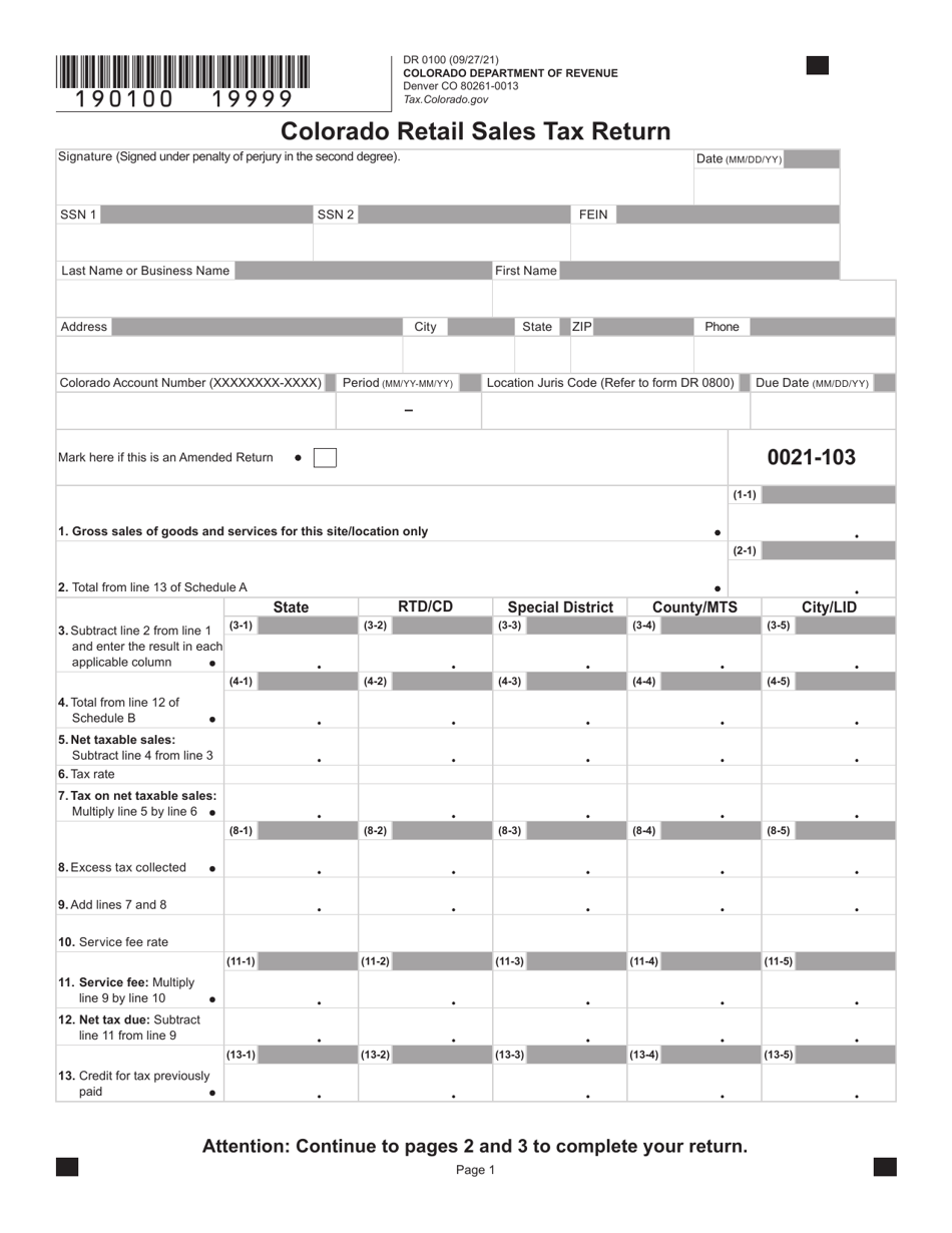 Form DR0100 Download Fillable PDF or Fill Online Colorado Retail Sales