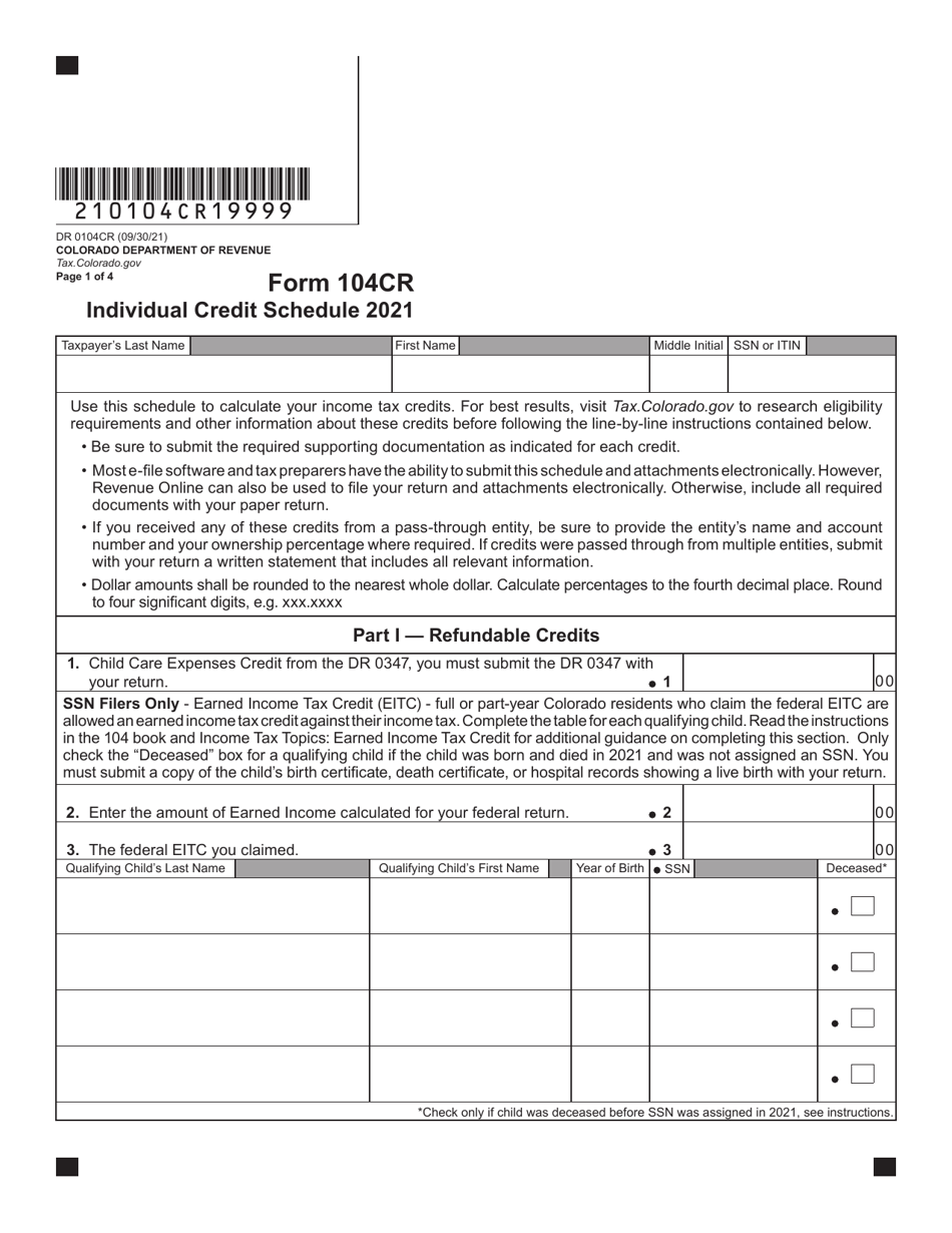 Form DR0104CR Individual Credit Schedule - Colorado, Page 1