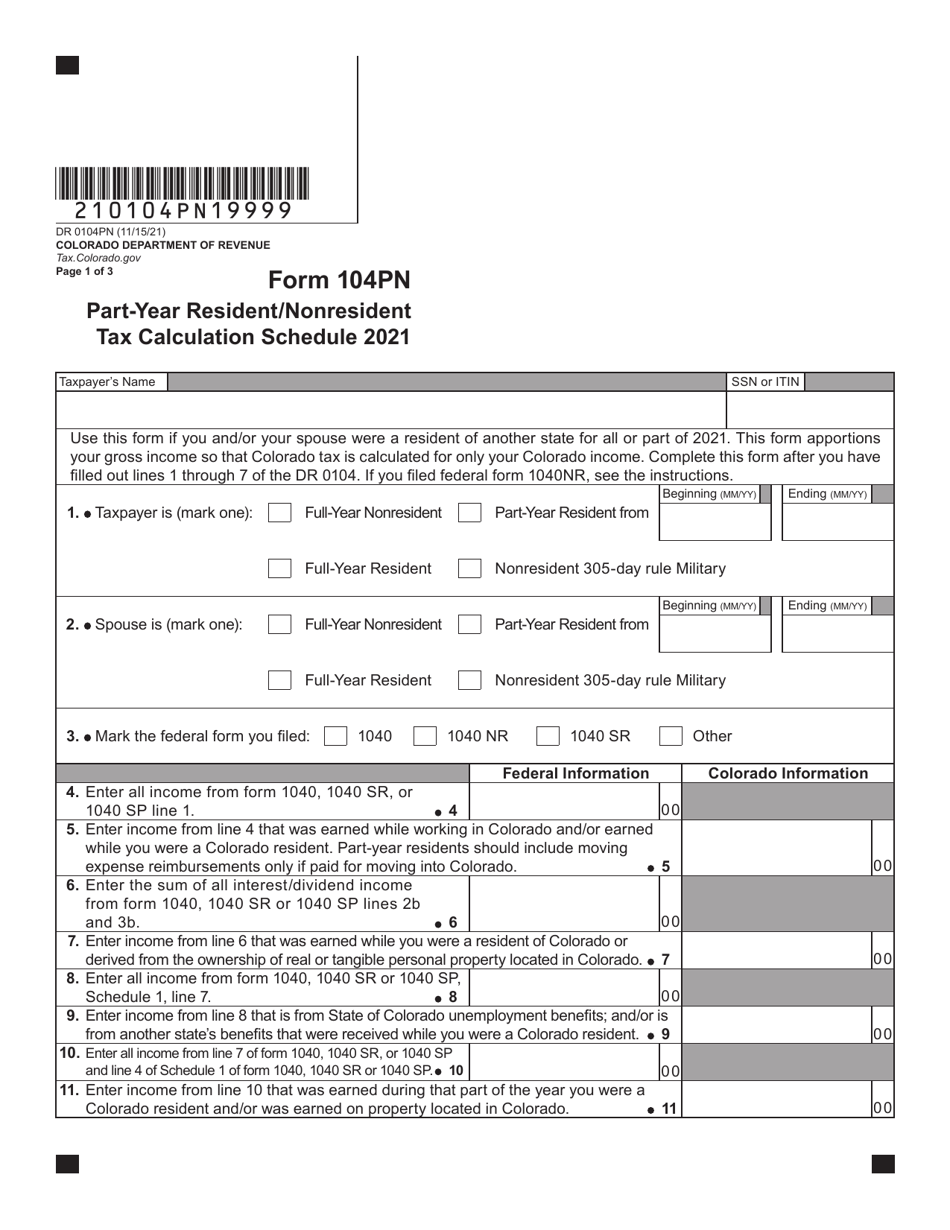 Form DR0104PN Part-Year Resident / Nonresident Tax Calculation Schedule - Colorado, Page 1