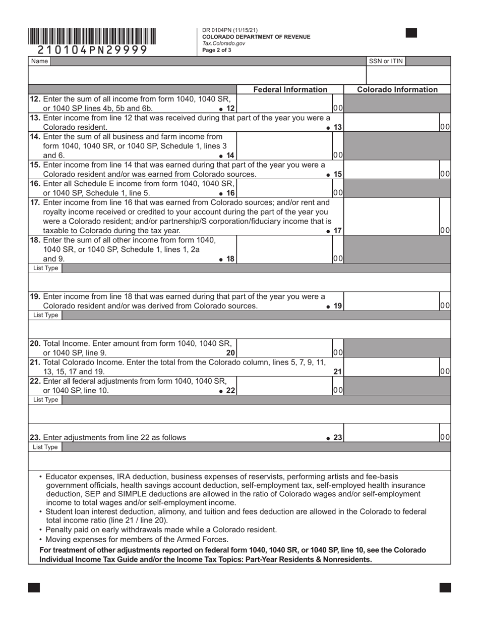 Form DR0104PN Part-Year Resident / Nonresident Tax Calculation Schedule - Colorado, Page 2