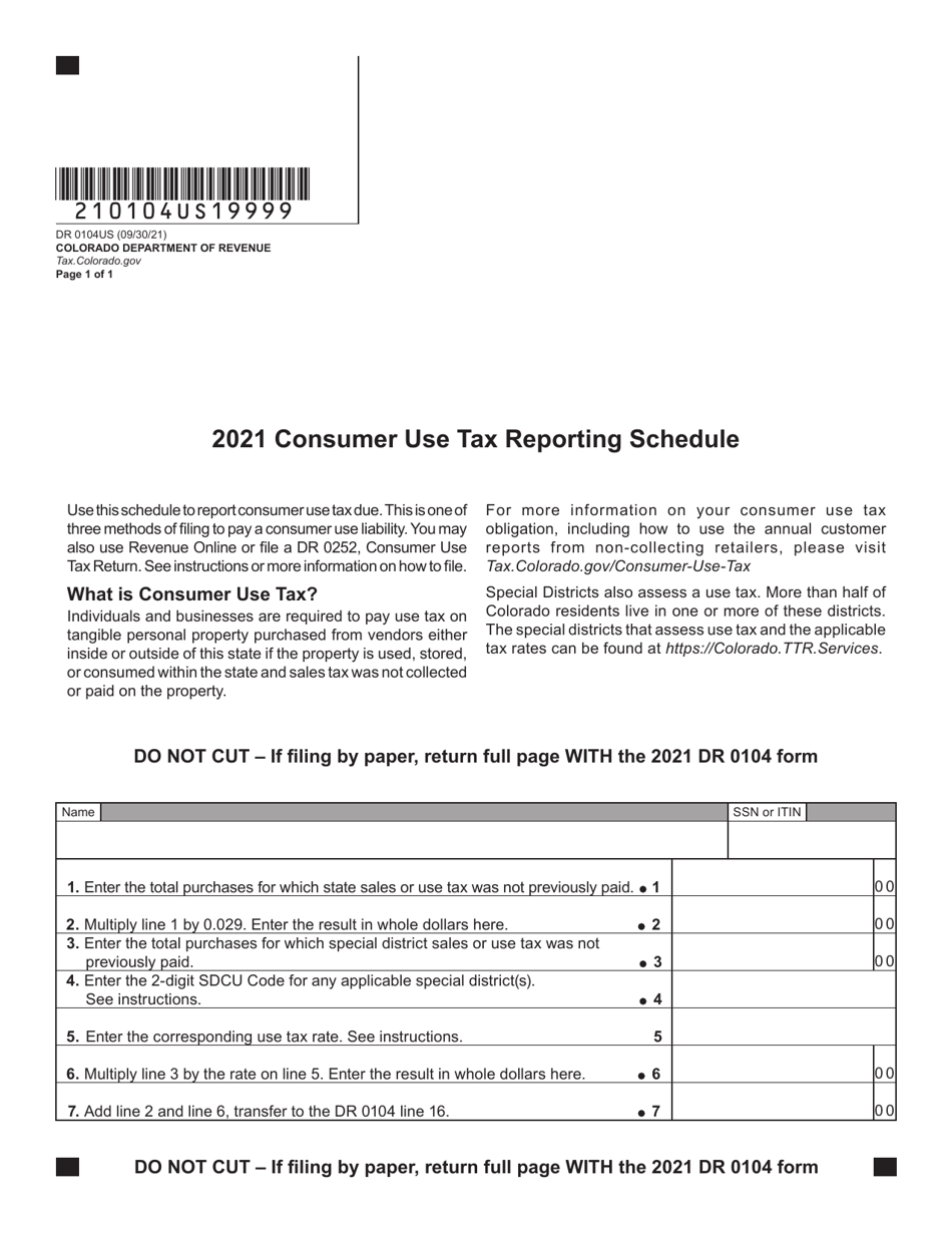 Form DR0104US Consumer Use Tax Reporting Schedule - Colorado, Page 1