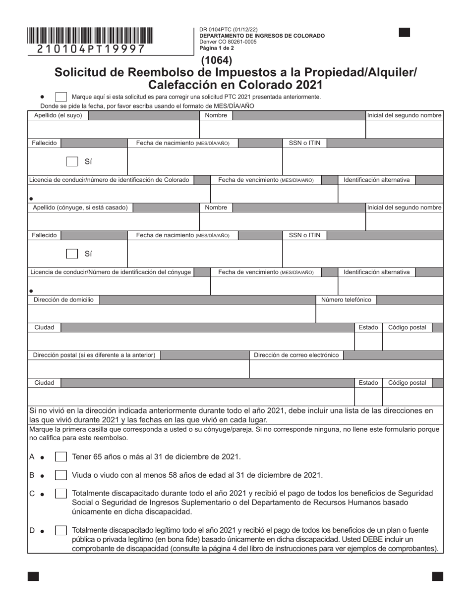 Formulario DR0104PTC Solicitud De Reembolso De Impuestos a La Propiedad / Alquiler / Calefaccion En Colorado - Colorado (Spanish), Page 1