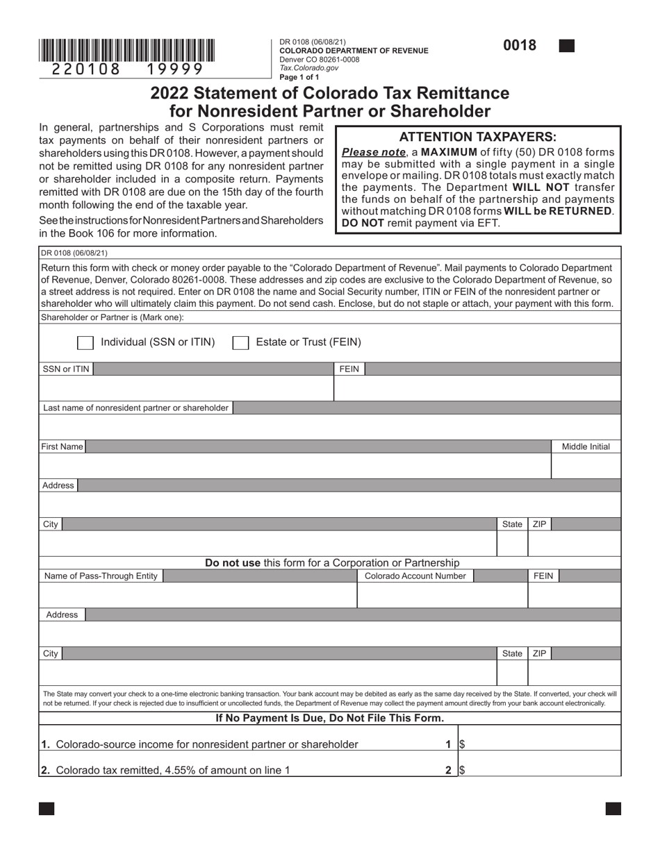 Form DR0108 Statement of Colorado Tax Remittance for Nonresident Partner or Shareholder - Colorado, Page 1