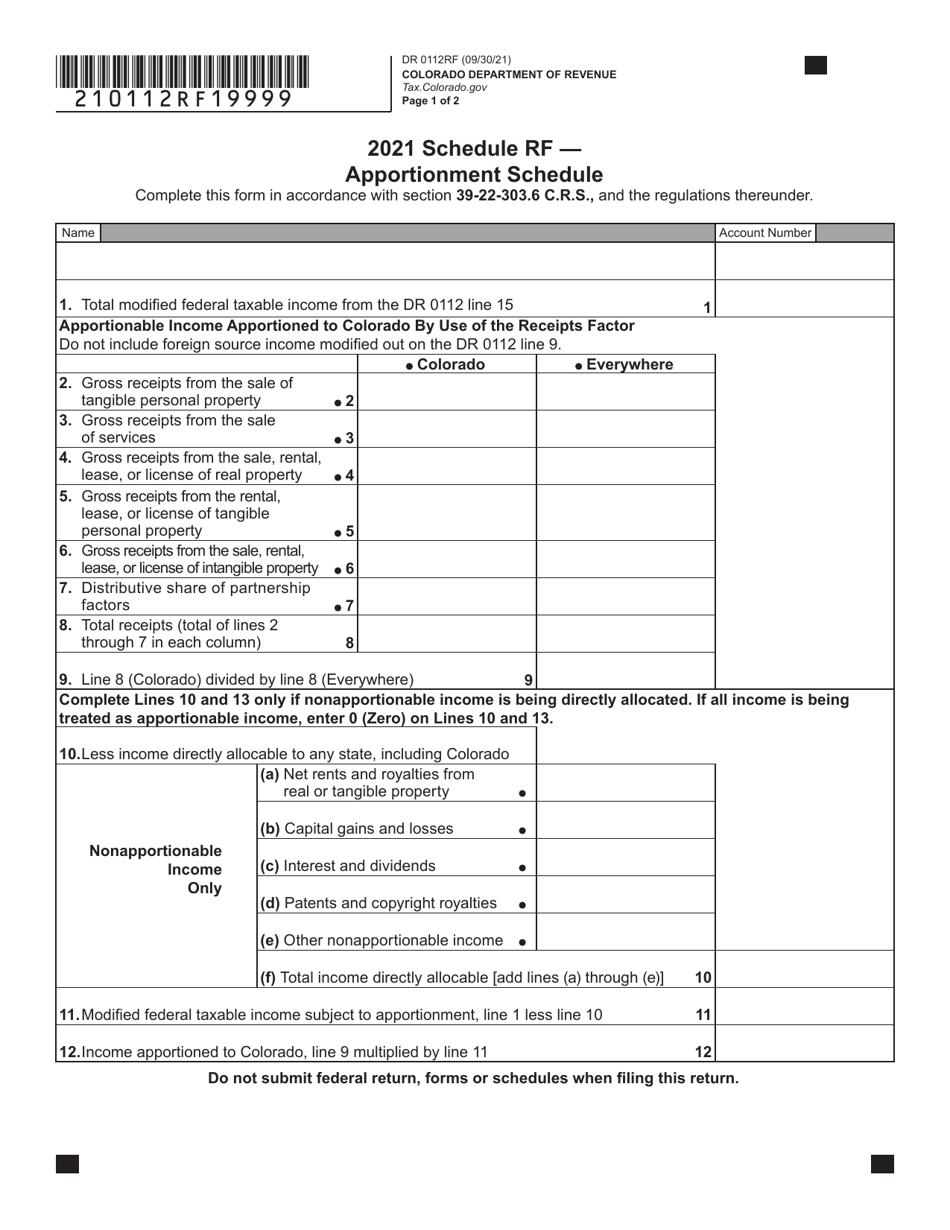 Form DR0112RF Schedule RF Apportionment Schedule - Colorado, Page 1