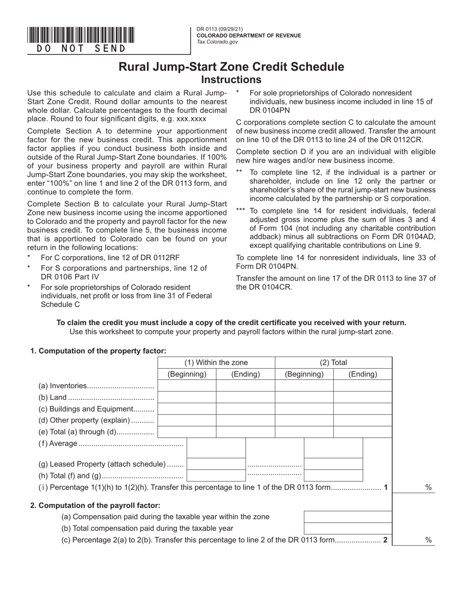 Form DR0113 Rural Jump-Start Zone Credit Schedule - Colorado, Page 1