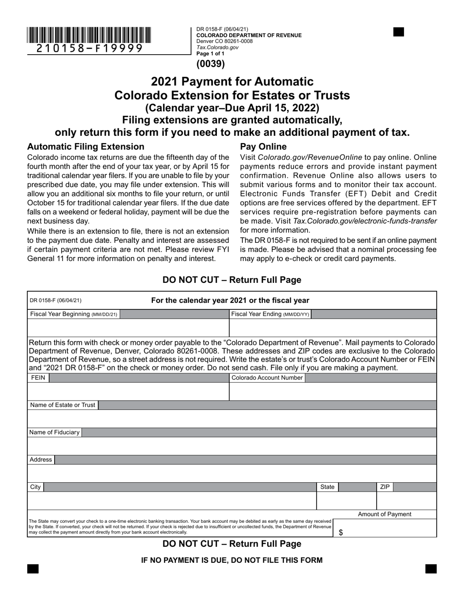 Form DR0158-F Payment for Automatic Colorado Extension for Estates or Trusts - Colorado, Page 1