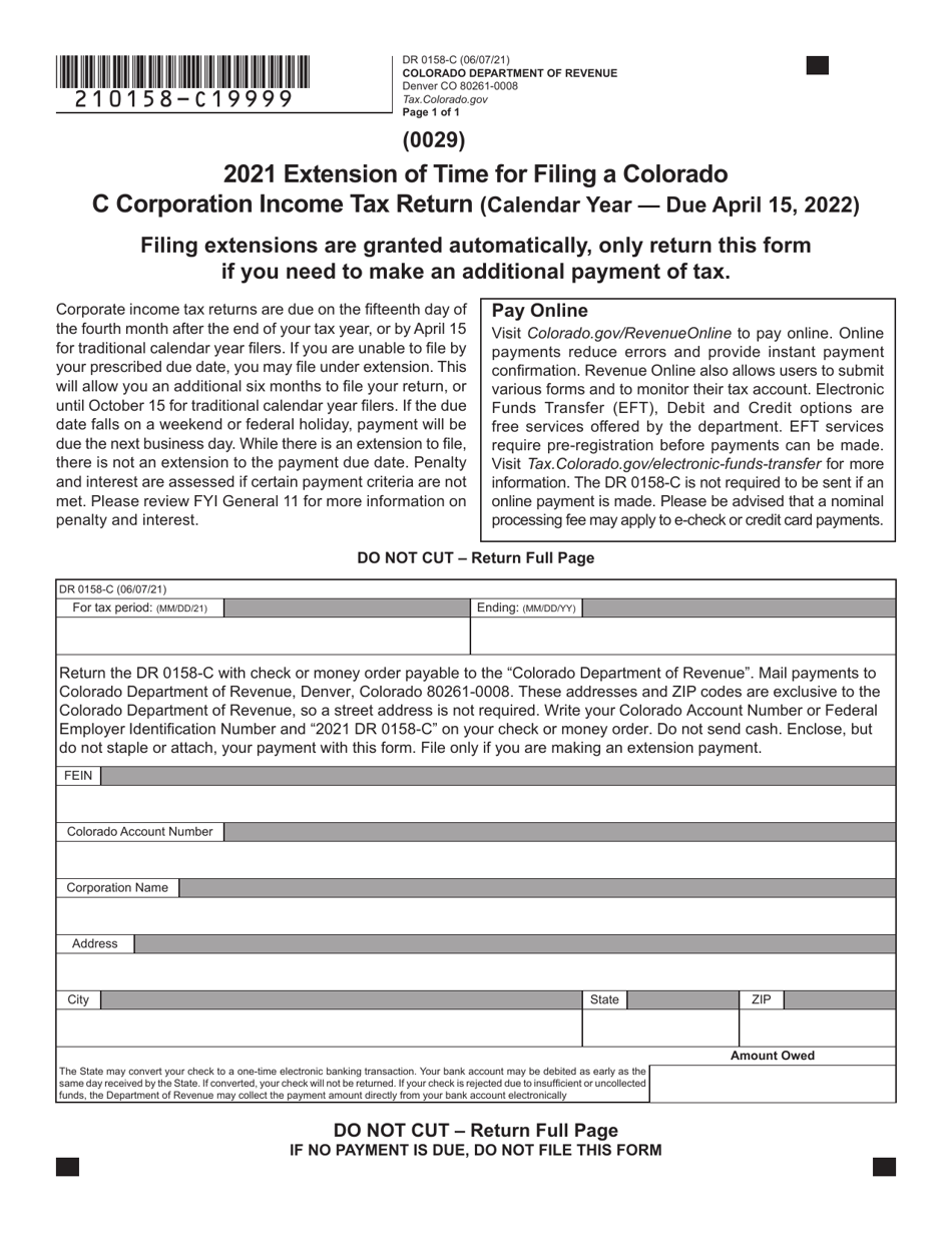 Form DR0158-C Extension of Time for Filing a Colorado C Corporation Income Tax Return - Colorado, Page 1