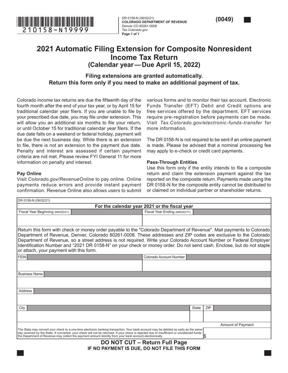 Form DR0158-N Automatic Filing Extension for Composite Nonresident Income Tax Return - Colorado, Page 1