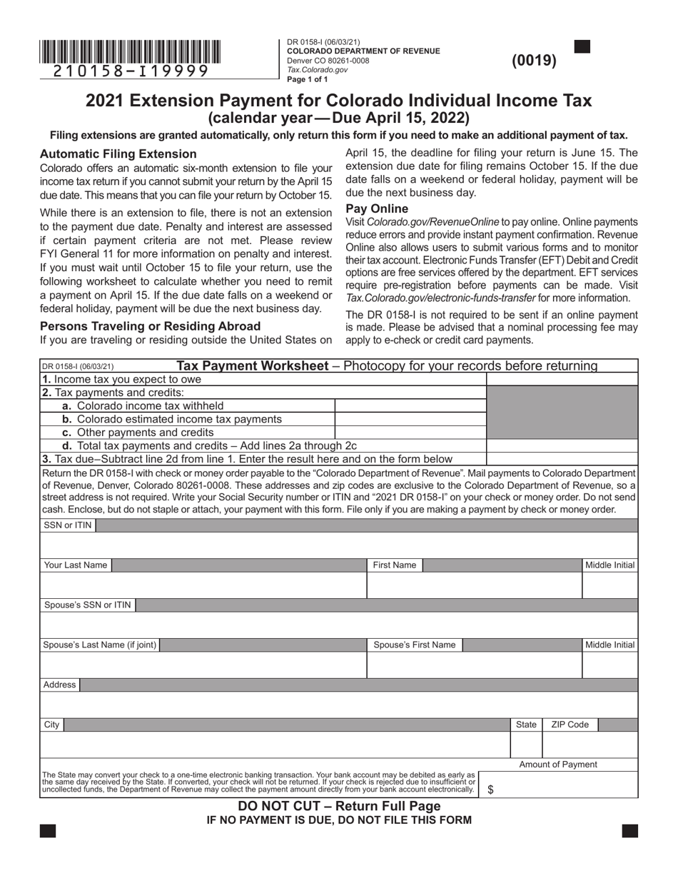 Form DR0158-I Extension Payment for Colorado Individual Income Tax - Colorado, Page 1