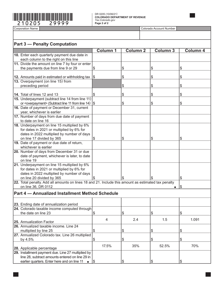 Form DR0205 Tax Year Ending Computation of Penalty Due Based on Underpayment of Colorado Corporate Estimated Tax - Colorado, Page 3
