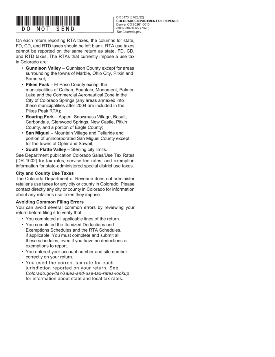Form DR0173 Retailers Use Tax Return - Colorado, Page 3