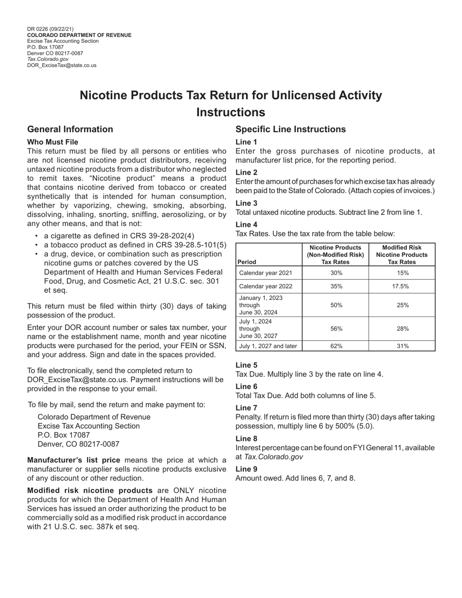 Form DR0226 Nicotine Products Tax Return for Unlicensed Activity - Colorado, Page 1