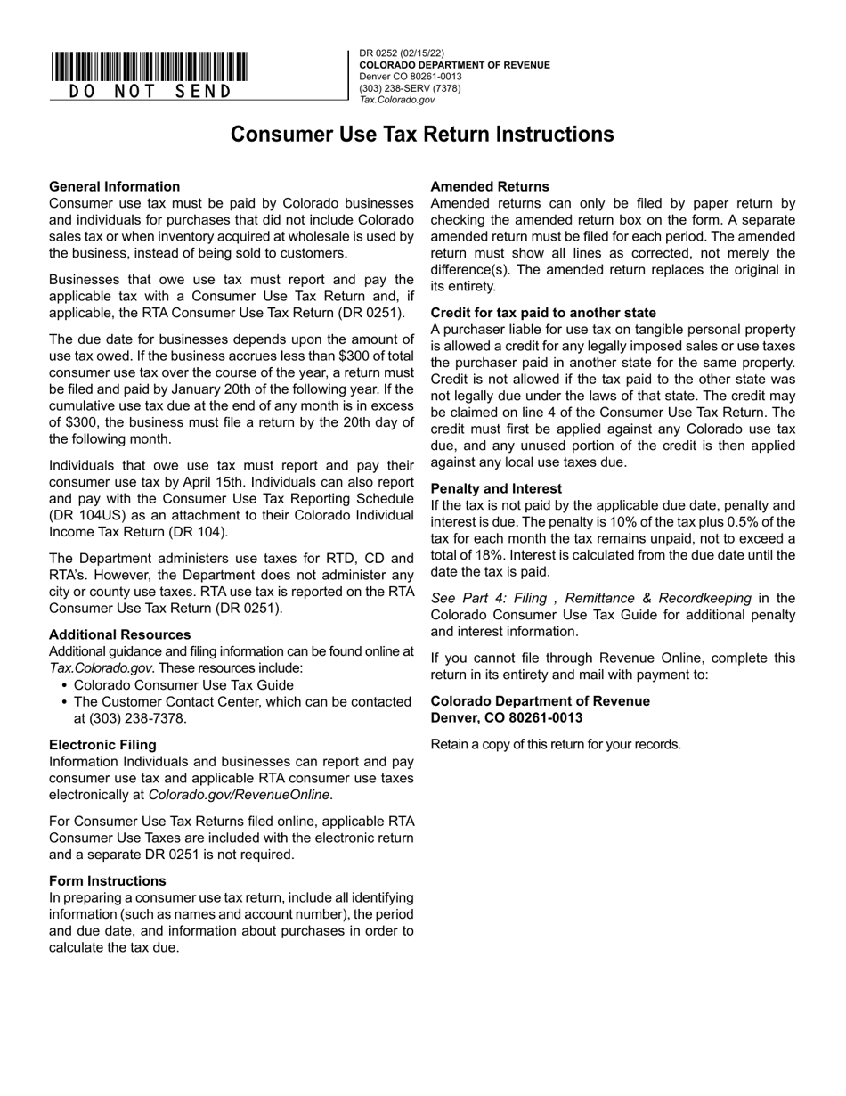 Form DR0252 Consumer Use Tax Return - Colorado, Page 1