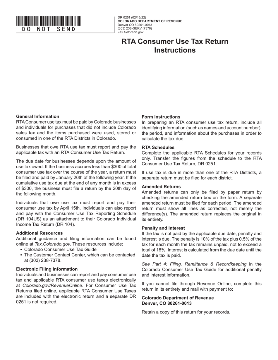 Form DR0251 Rta Consumer Use Tax Return - Colorado, Page 1