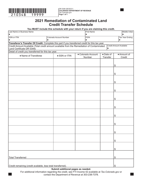 Form DR0348 Remediation of Contaminated Land Credit Transfer Schedule - Colorado, 2021