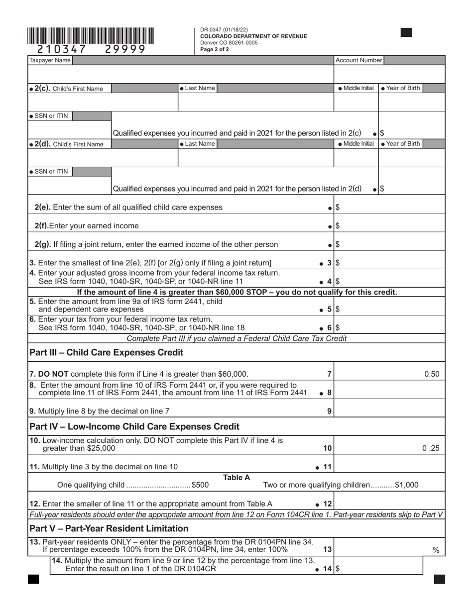 Form DR0347 Child Care Expenses Tax Credit - Colorado, Page 3