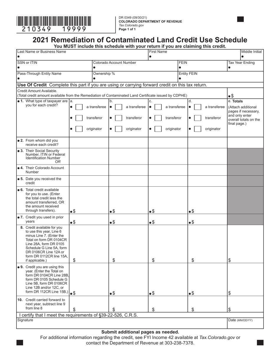 Form DR0349 Remediation of Contaminated Land Credit Use Schedule - Colorado, Page 1