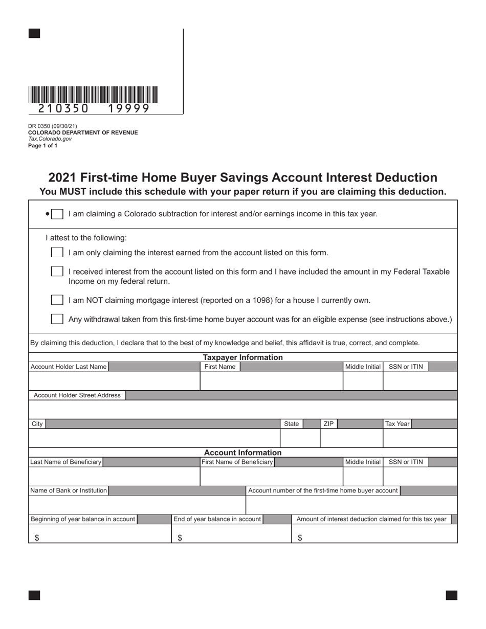 Form DR0350 First-Time Home Buyer Savings Account Interest Deduction - Colorado, Page 2