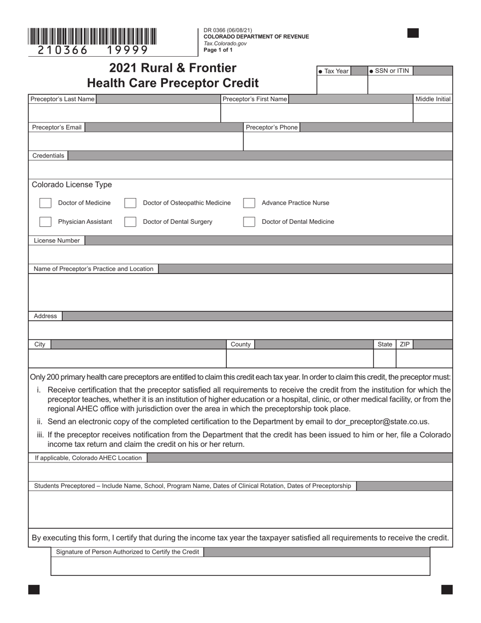 Form DR0366 Rural  Frontier Health Care Preceptor Credit - Colorado, Page 1