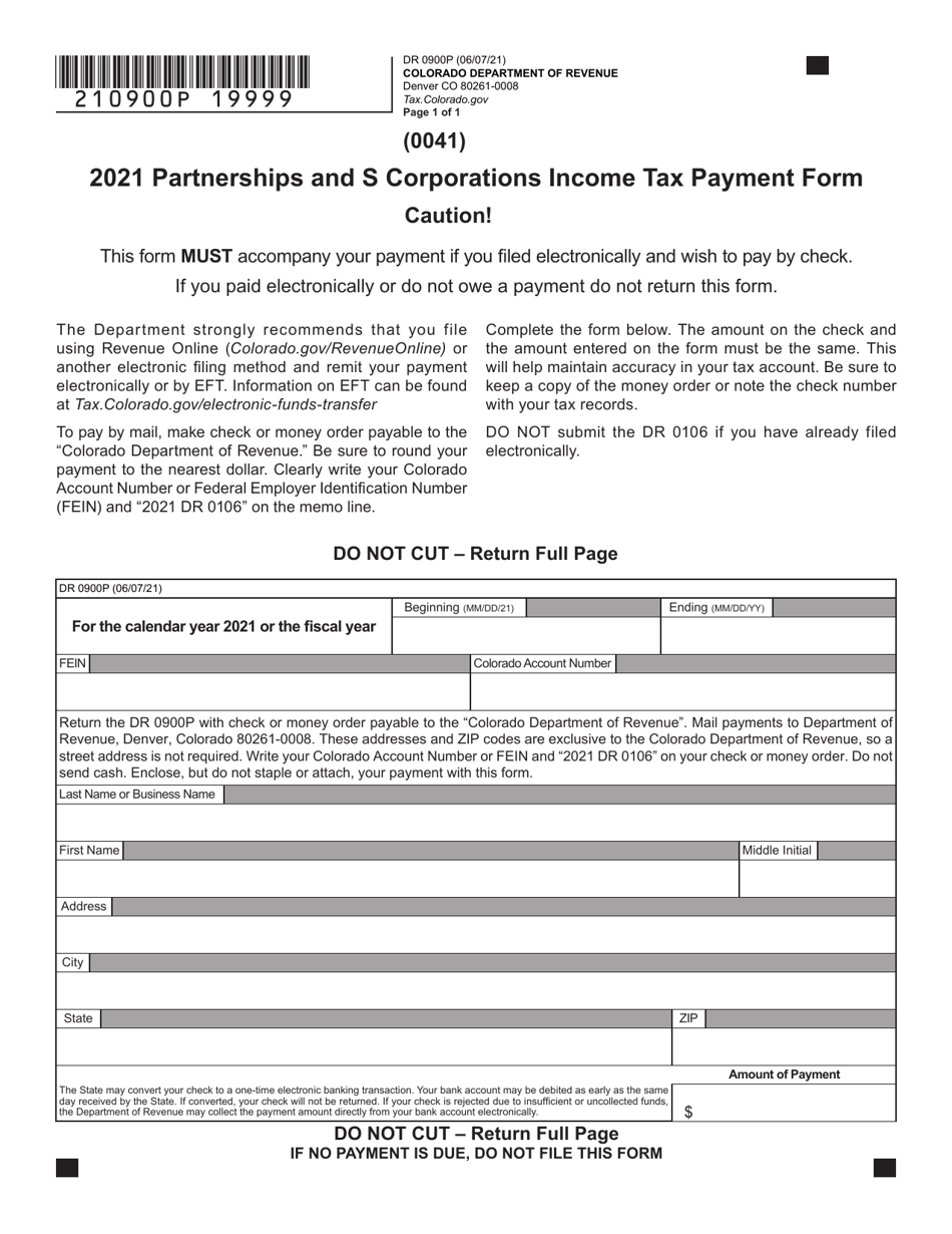 Form DR0900P Partnerships and S Corporations Income Tax Payment Form - Colorado, Page 1