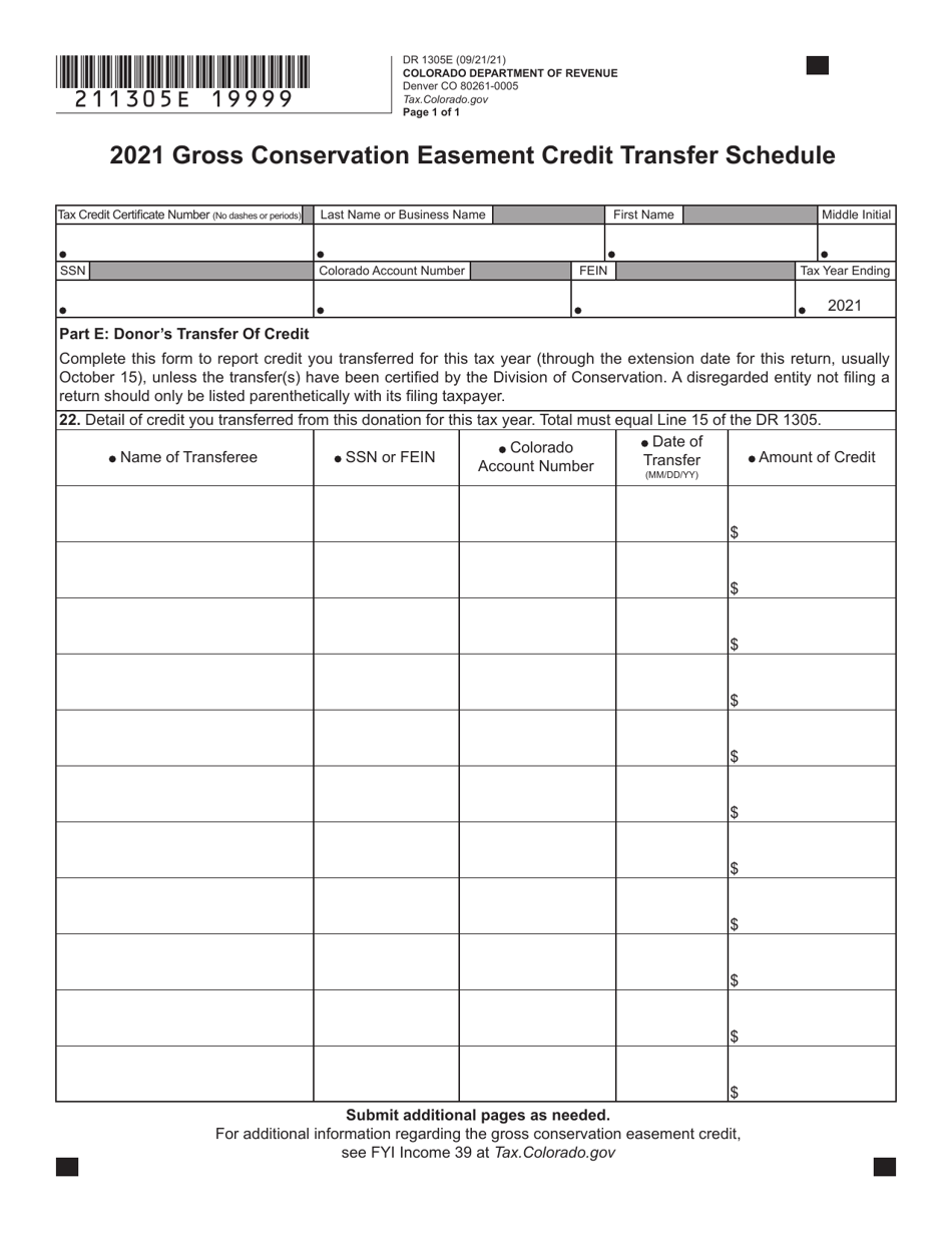 Form DR1305E Gross Conservation Easement Credit Transfer Schedule - Colorado, Page 1