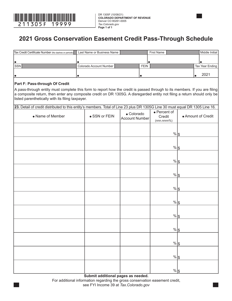 Form DR1305F Gross Conservation Easement Credit Pass-Through Schedule - Colorado, Page 1