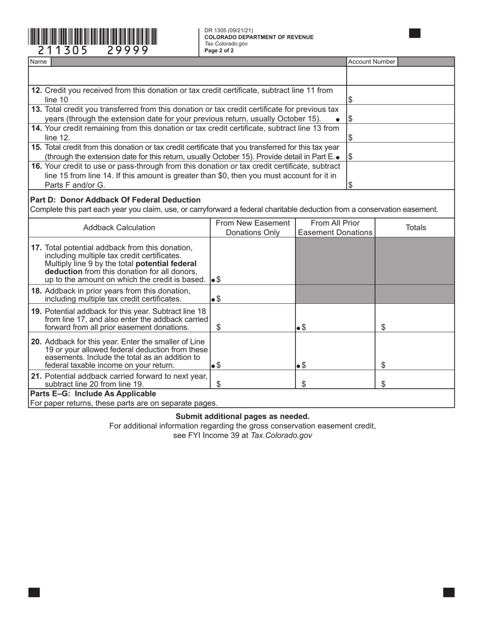 Form DR1305 Gross Conservation Easement Donor Schedule - Colorado, Page 2