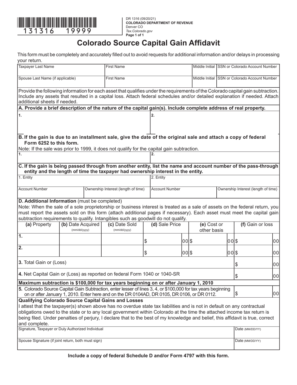 Form DR1316 Colorado Source Capital Gain Affidavit - Colorado, Page 1