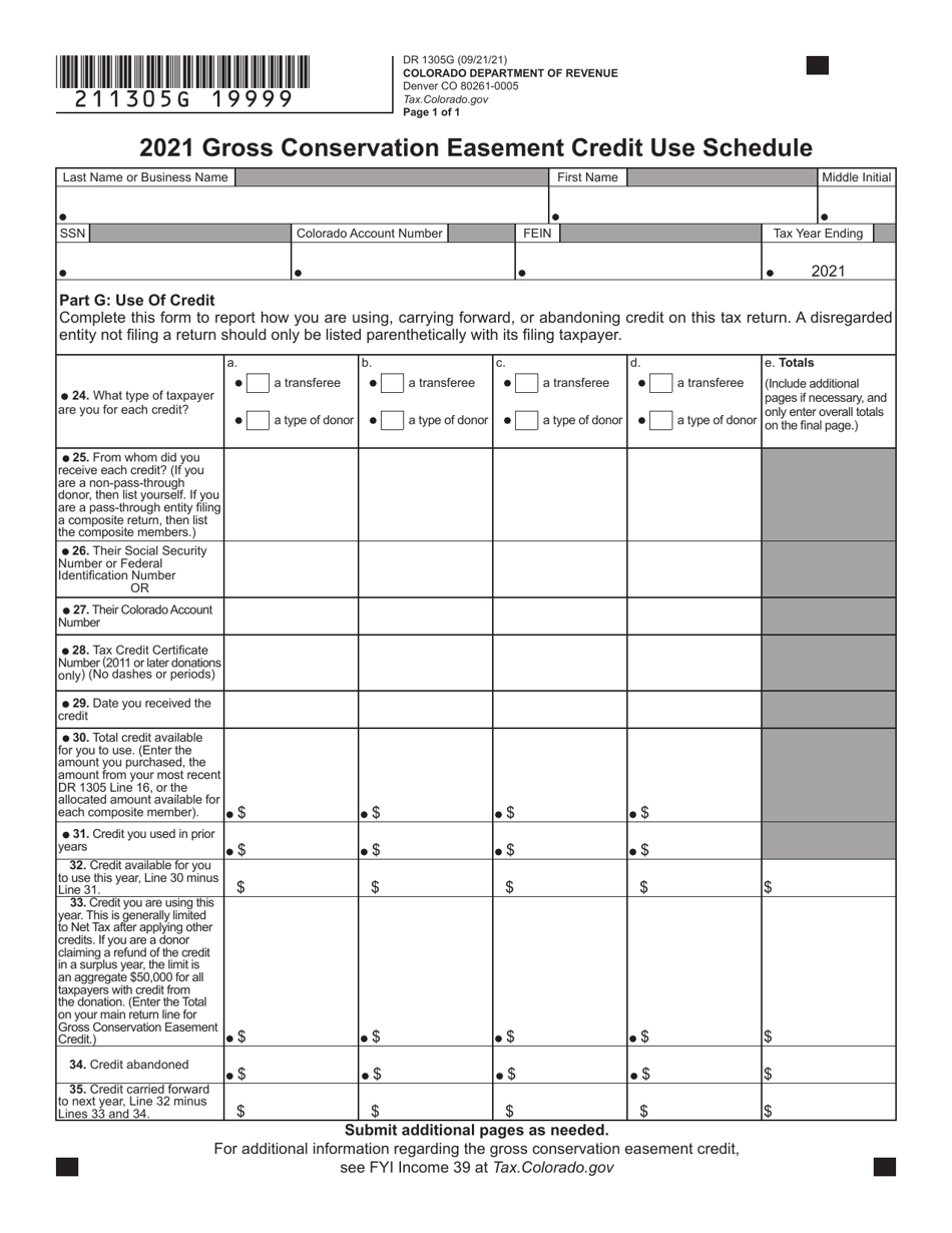 Form DR1305G Gross Conservation Easement Credit Use Schedule - Colorado, Page 1