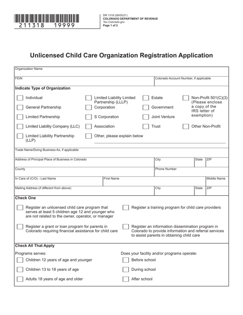 Form DR1318 Unlicensed Child Care Organization Registration Application - Colorado