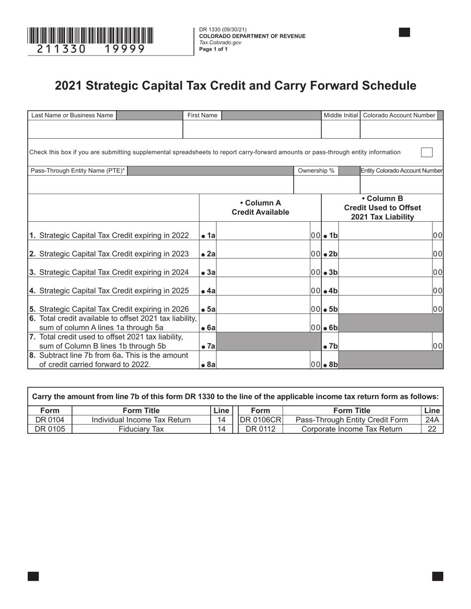 Form DR1330 Strategic Capital Tax Credit and Carry Forward Schedule - Colorado, Page 1