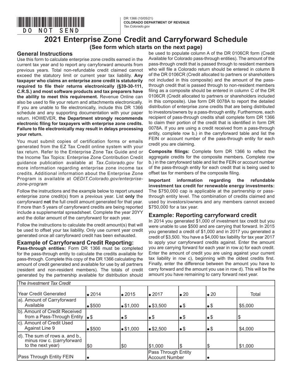 Form DR1366 Enterprise Zone Credit and Carryforward Schedule - Colorado, Page 1