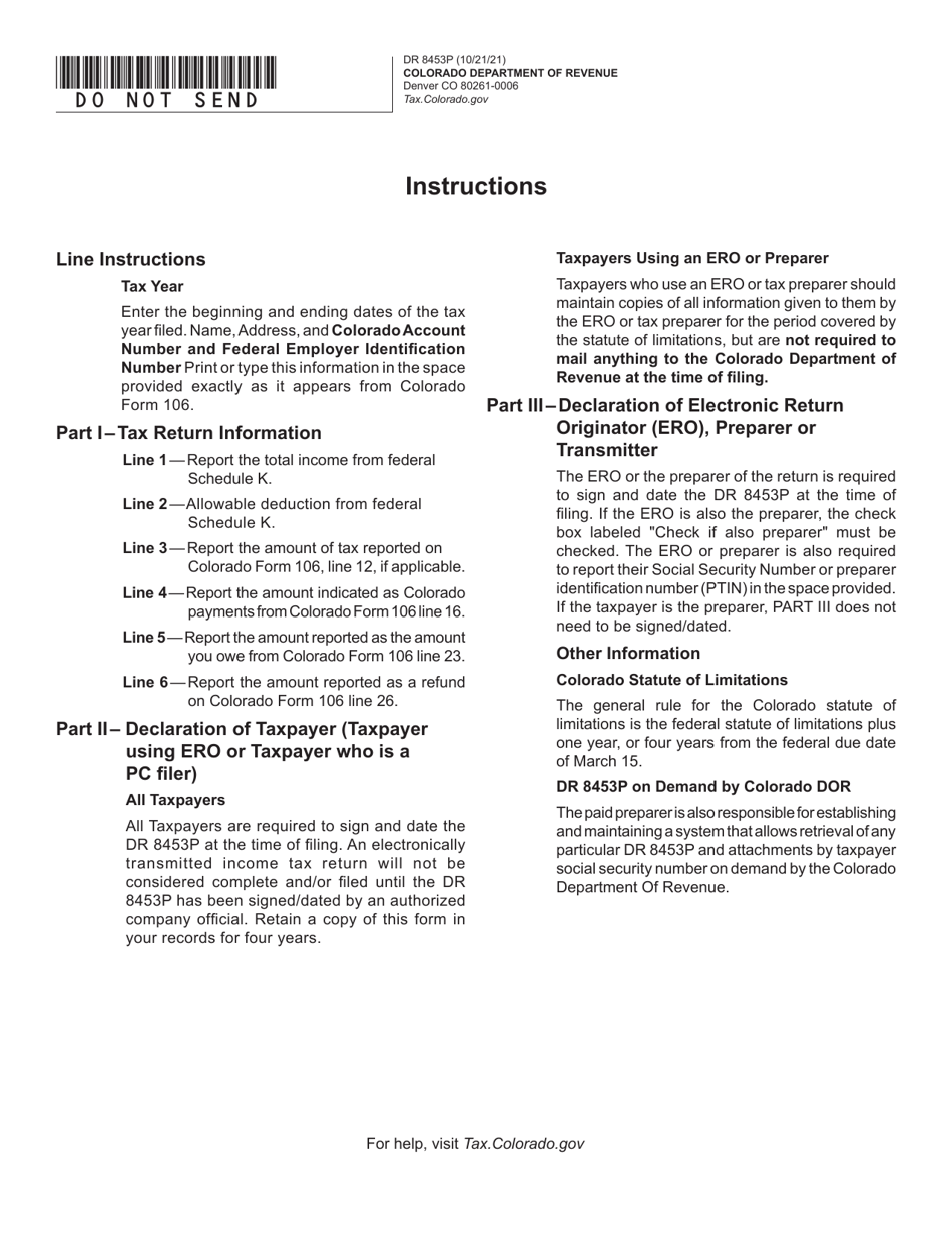 Form DR8453P State of Colorado Partnership / S-Corp Income Tax Declaration for Electronic Filing - Colorado, Page 1