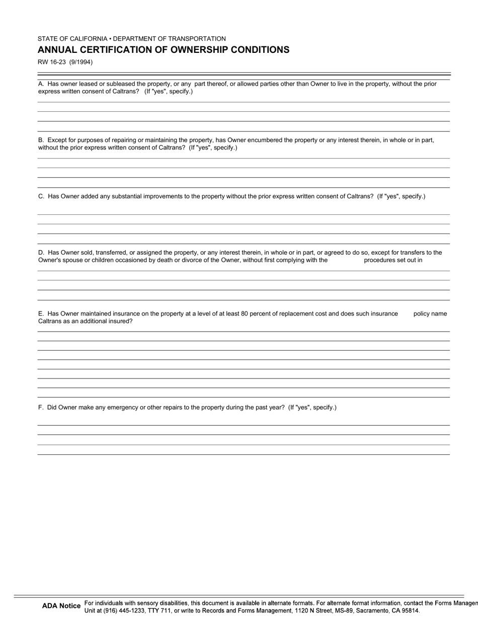 Form RW-16-23 Annual Certification of Ownership Conditions - California, Page 1