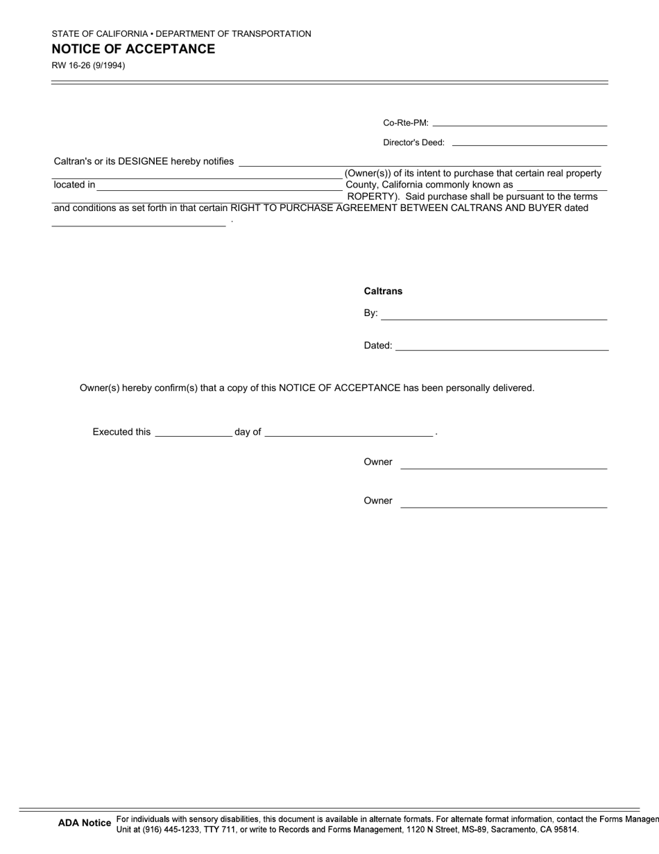 Form RW16-26 Download Fillable PDF or Fill Online Notice of Acceptance ...