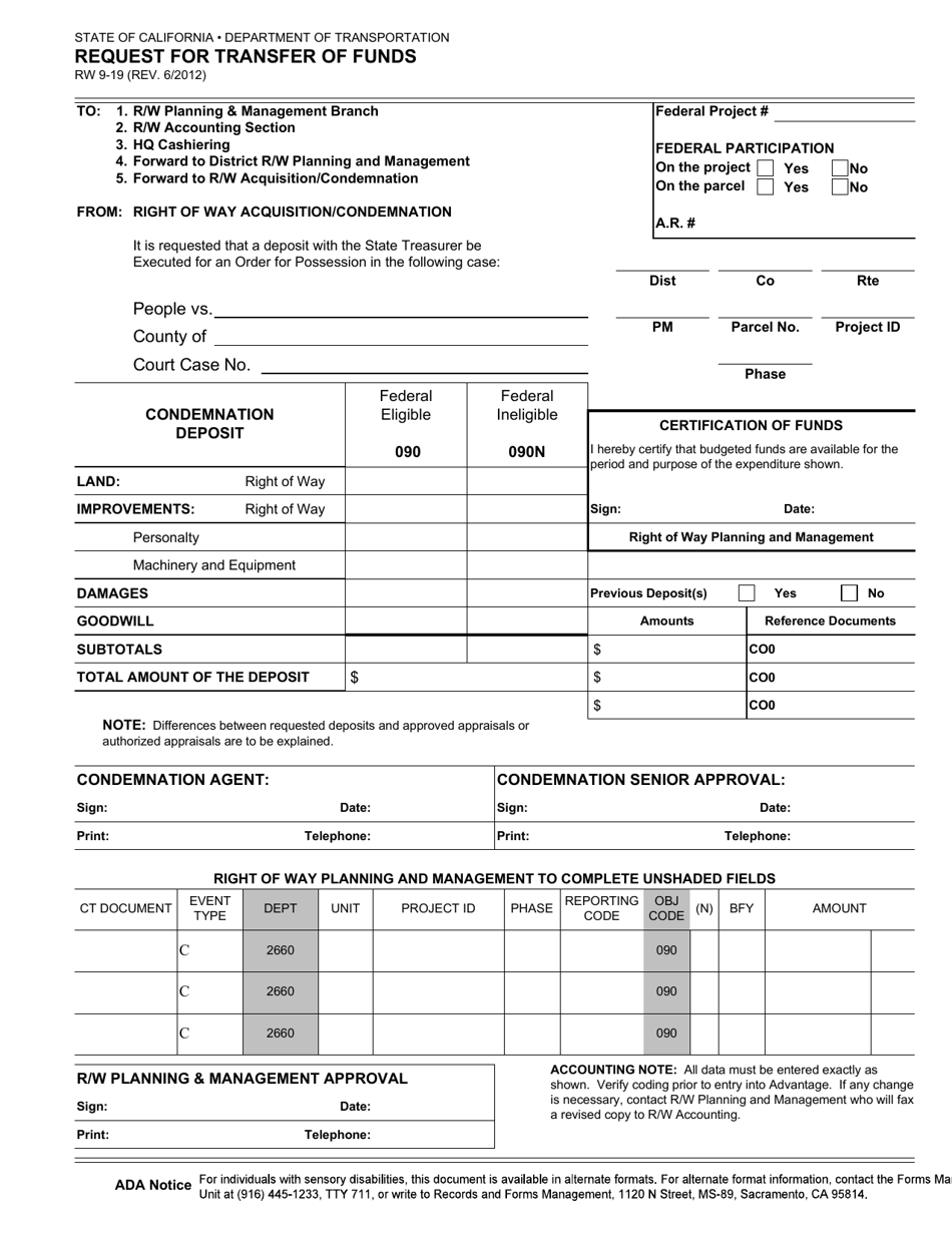 Form RW9-19 Request for Transfer of Funds - California, Page 1