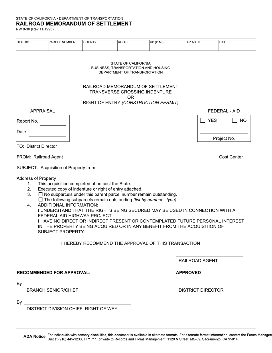 Form RW8-30 Railroad Memorandum of Settlement - California, Page 1