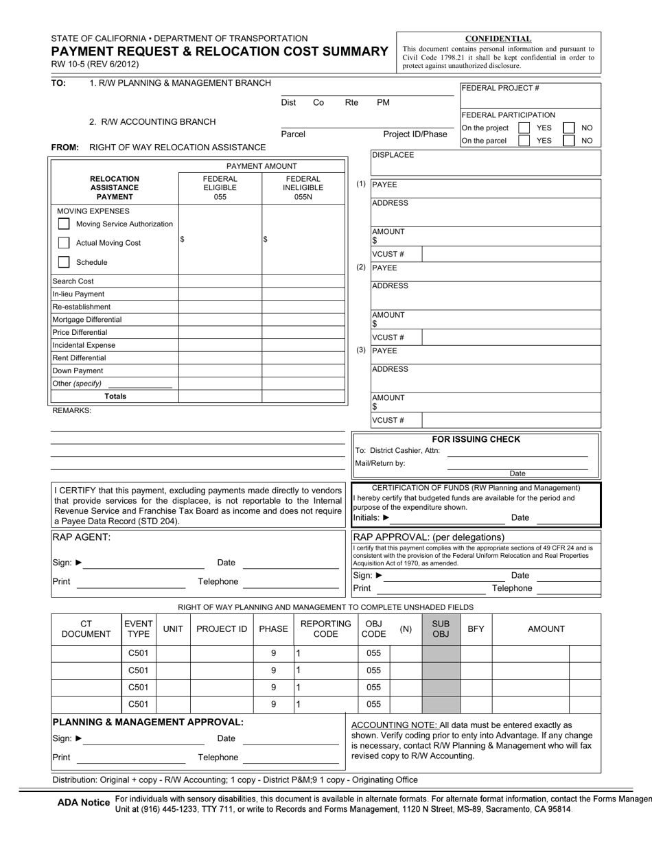 Form RW10-5 Payment Request  Relocation Cost Summary - California, Page 1