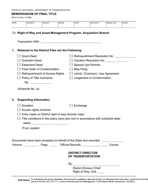 Form RW8-15 Memorandum of Final Title - California