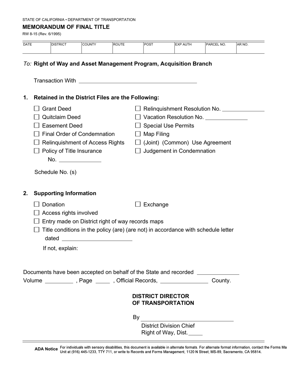 Form RW8-15 Memorandum of Final Title - California, Page 1